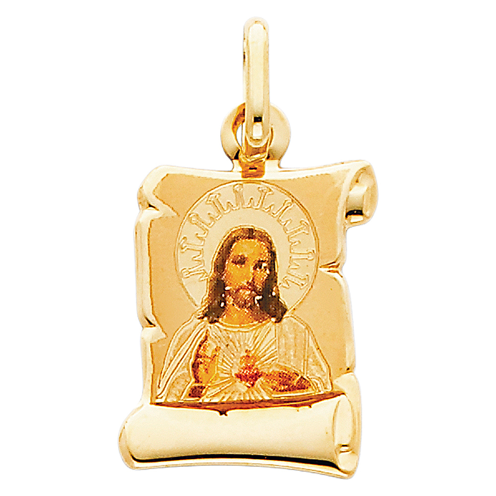 14K Yellow Gold Small Religious Sacred Heart Of Jesus Picture Charm Pendant